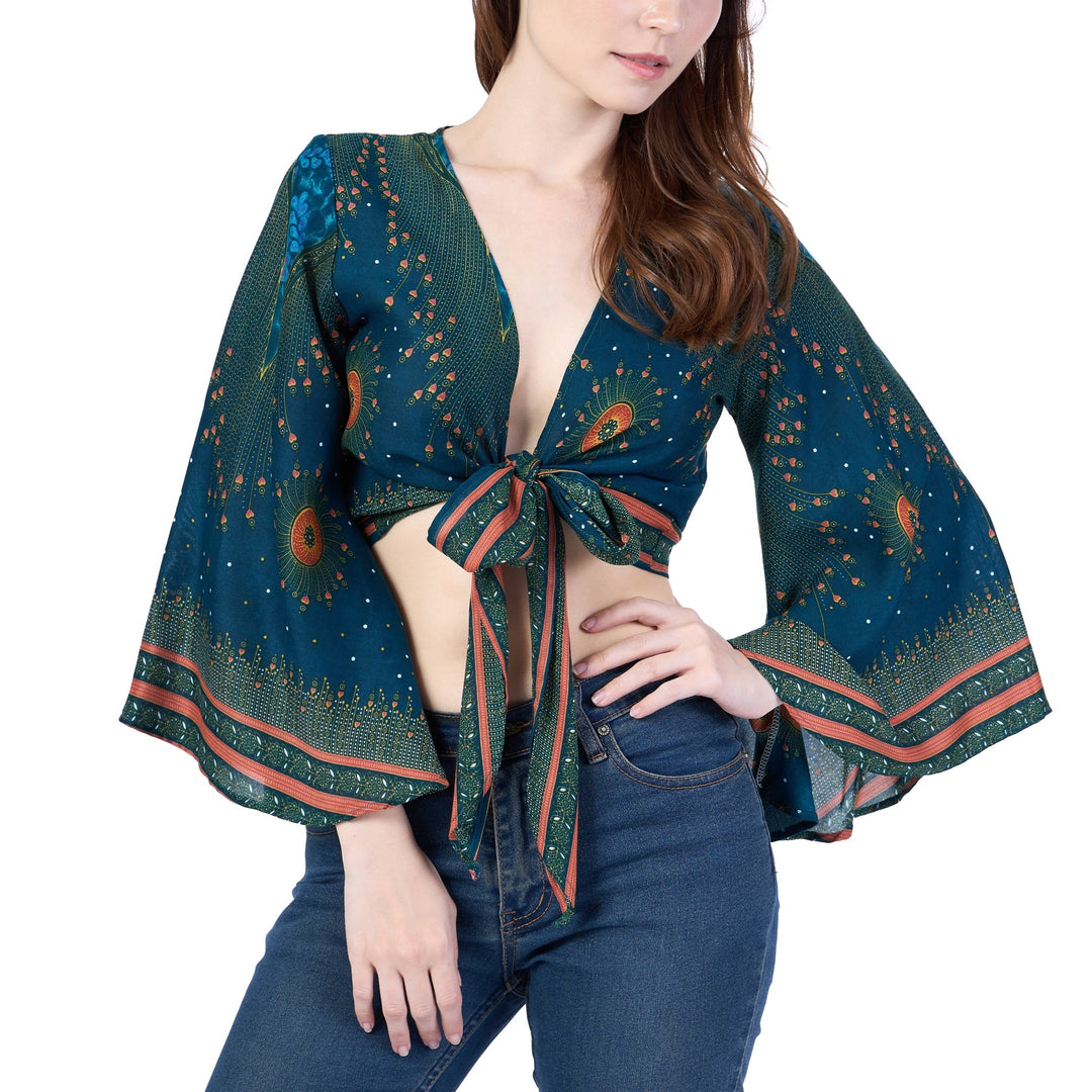 Flower Eye Women Boho Wrap Top - Casual Shirt - Teal - Lannaclothesdesign Shop