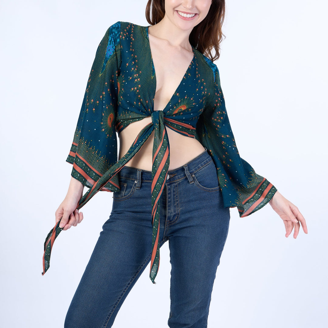Flower Eye Women Boho Wrap Top - Casual Shirt - Teal - Lannaclothesdesign Shop