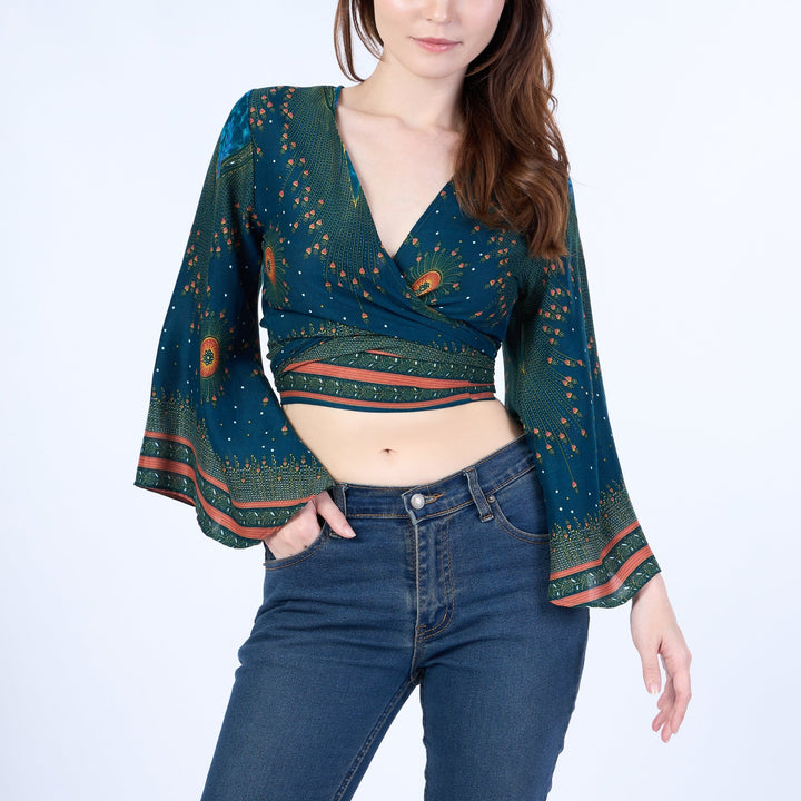 Flower Eye Women Boho Wrap Top - Casual Shirt - Teal - Lannaclothesdesign Shop