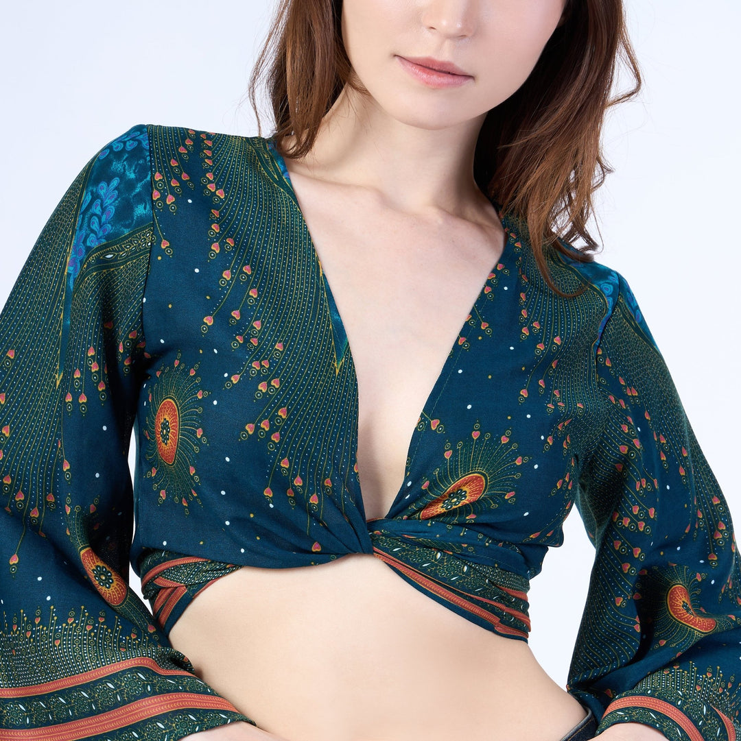 Flower Eye Women Boho Wrap Top - Casual Shirt - Teal - Lannaclothesdesign Shop