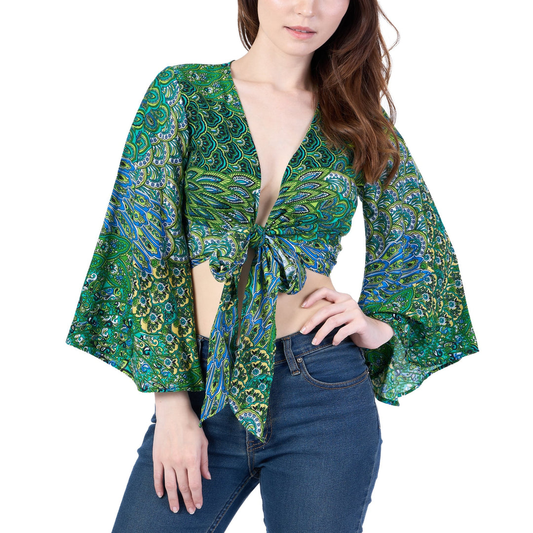 Colorful Peacock Women Boho Wrap Top - Casual Shirt - Green - Lannaclothesdesign Shop