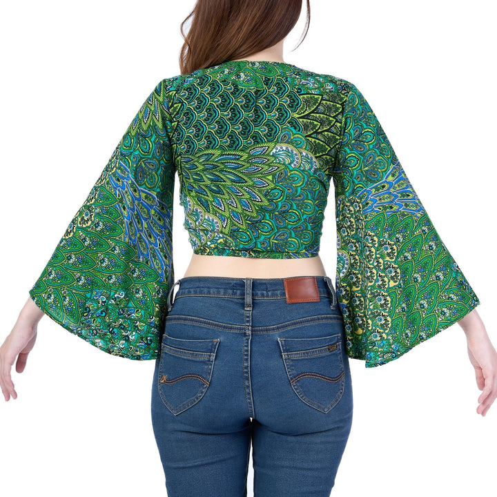 Colorful Peacock Women Boho Wrap Top - Casual Shirt - Green - Lannaclothesdesign Shop