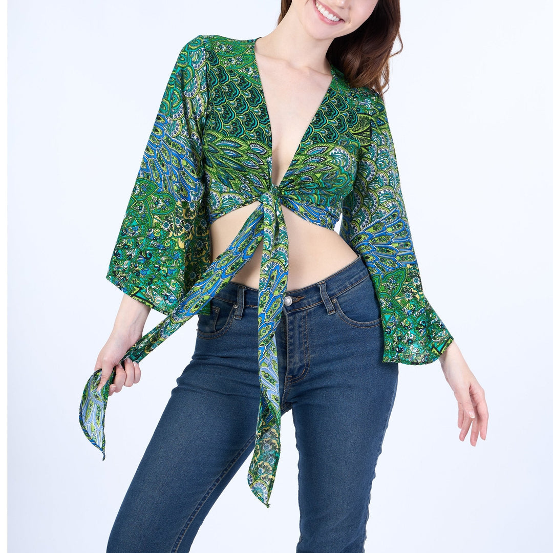 Colorful Peacock Women Boho Wrap Top - Casual Shirt - Green - Lannaclothesdesign Shop