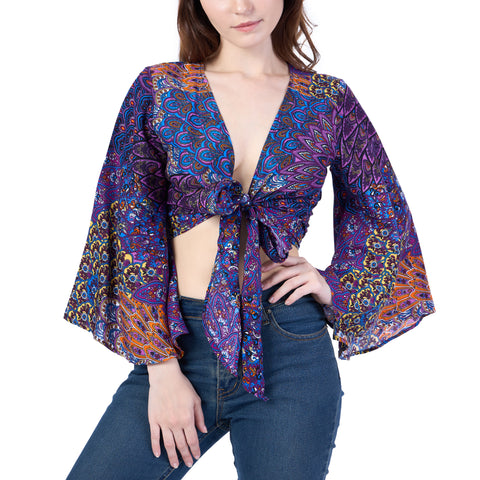 Colorful Peacock Women Boho Wrap Top - Casual Shirt - Purple