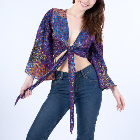 Colorful Peacock Women Boho Wrap Top - Casual Shirt - Purple