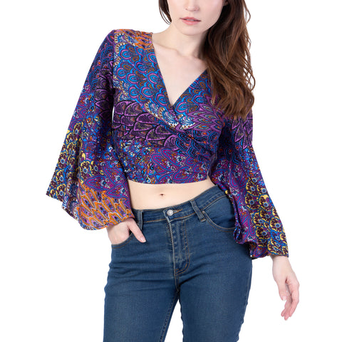 Colorful Peacock Women Boho Wrap Top - Casual Shirt - Purple