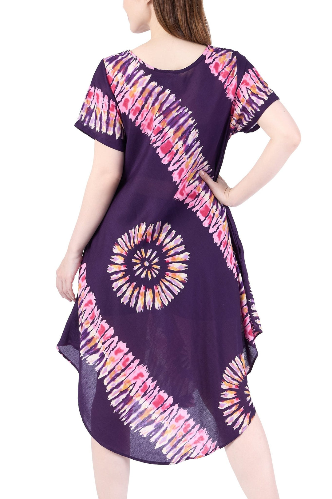 Purple Printed Colorful Dress with Sleeves and Two Pockets - Lannaclothesdesign Shop
