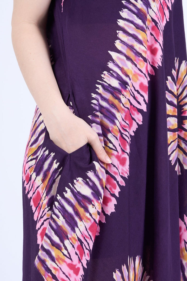 Purple Printed Colorful Dress with Sleeves and Two Pockets - Lannaclothesdesign Shop