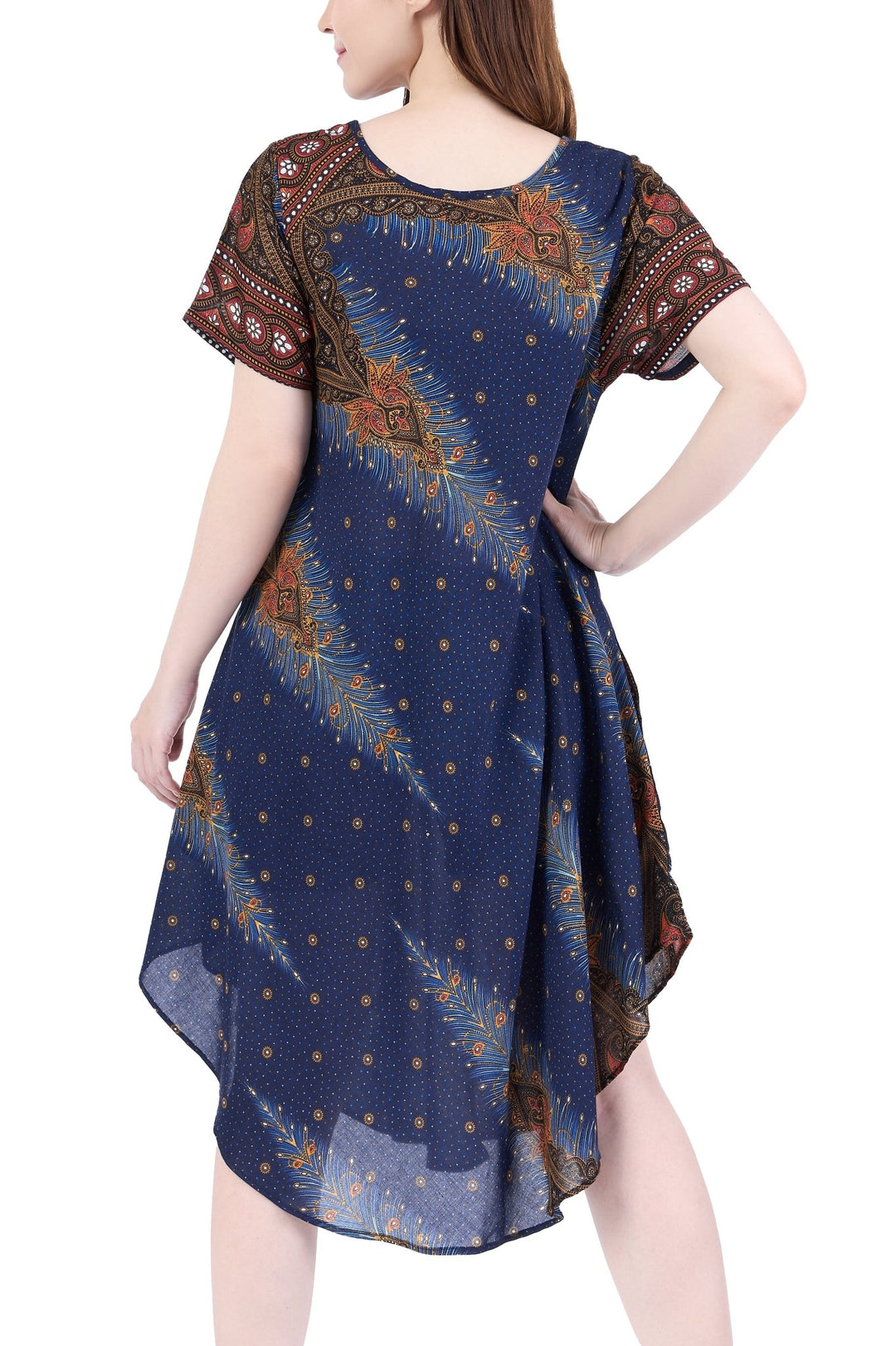 Dark Blue Peacock Fabric Dress with Sleeves and Two Pockets - Lannaclothesdesign Shop