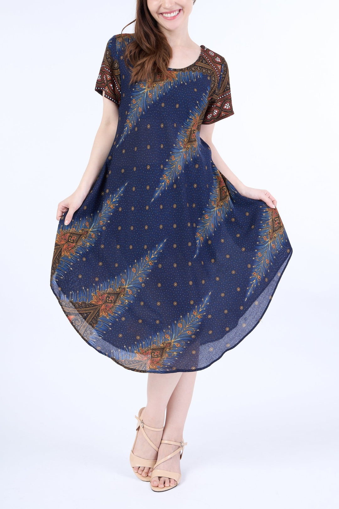 Dark Blue Peacock Fabric Dress with Sleeves and Two Pockets - Lannaclothesdesign Shop