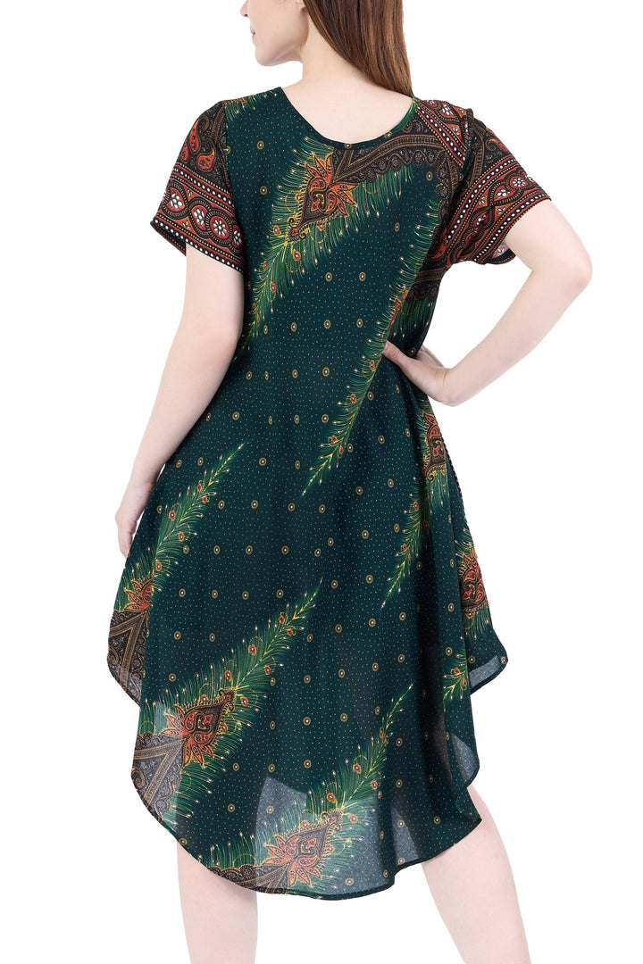 Green Peacock Fabric Dress with Sleeves and Two Pockets - Lannaclothesdesign Shop