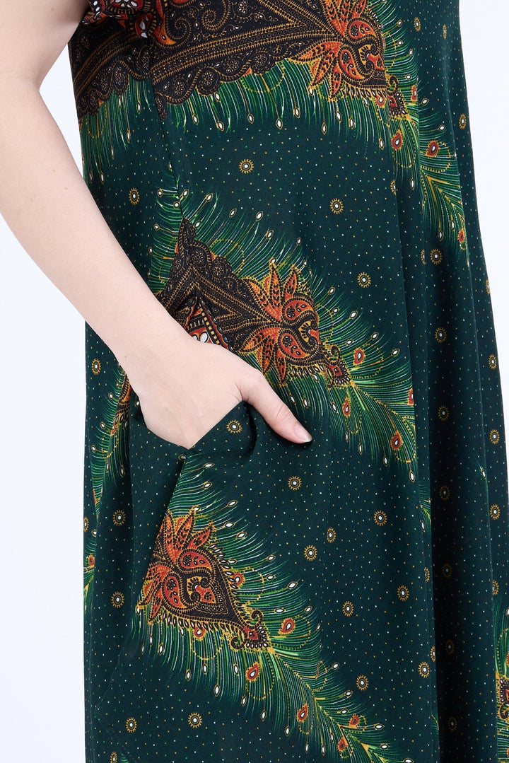 Green Peacock Fabric Dress with Sleeves and Two Pockets - Lannaclothesdesign Shop
