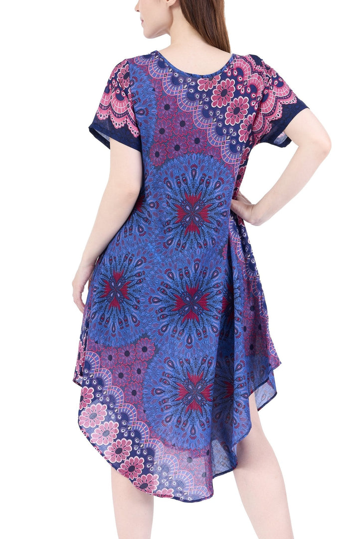 Dark Blue Flower Mandala Dress with Sleeves and Two Pockets - Lannaclothesdesign Shop