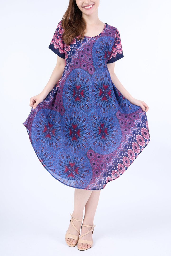 Dark Blue Flower Mandala Dress with Sleeves and Two Pockets - Lannaclothesdesign Shop