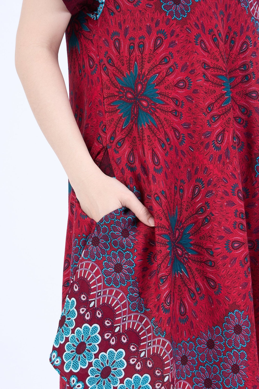 Burgundy Flower Mandala Dress with Sleeves and Two Pockets - Lannaclothesdesign Shop