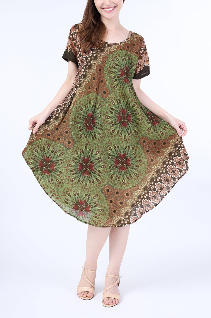 Green Flower Mandala Dress with Sleeves and Two Pockets - Lannaclothesdesign Shop