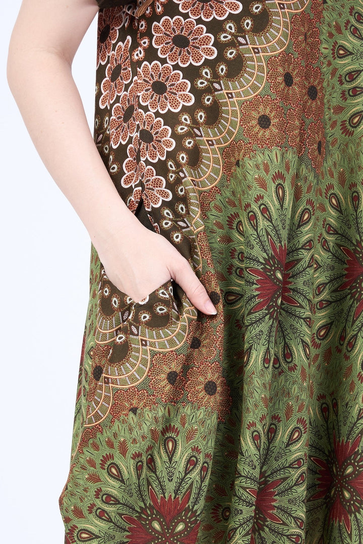 Green Flower Mandala Dress with Sleeves and Two Pockets - Lannaclothesdesign Shop