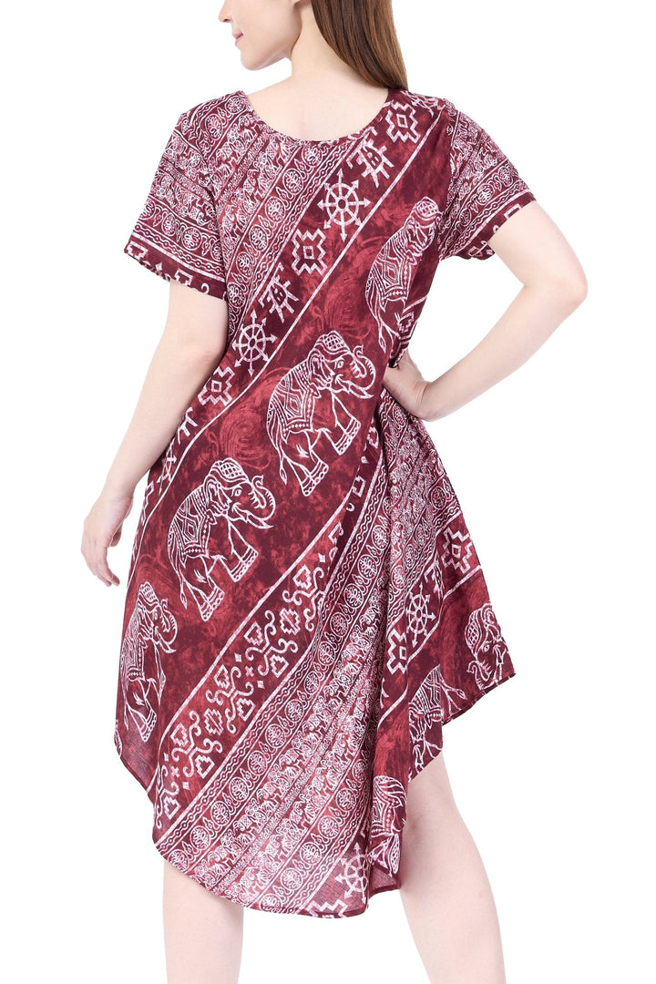 Burgundy Elephant Fabric Dress with Sleeves and Two Pockets - Lannaclothesdesign Shop