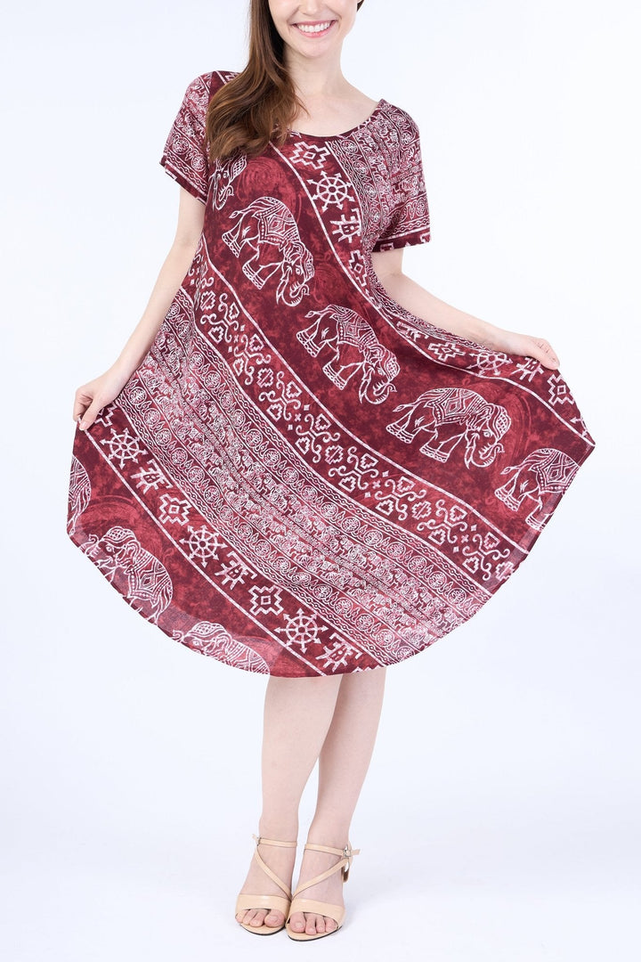 Burgundy Elephant Fabric Dress with Sleeves and Two Pockets - Lannaclothesdesign Shop