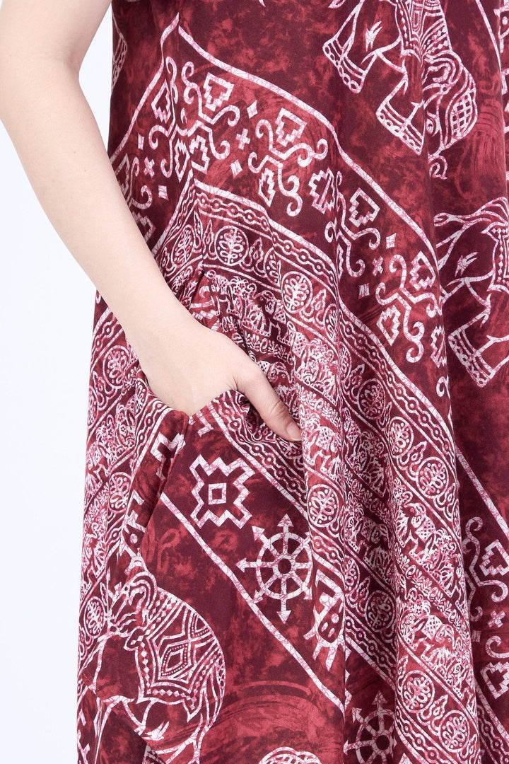 Burgundy Elephant Fabric Dress with Sleeves and Two Pockets - Lannaclothesdesign Shop