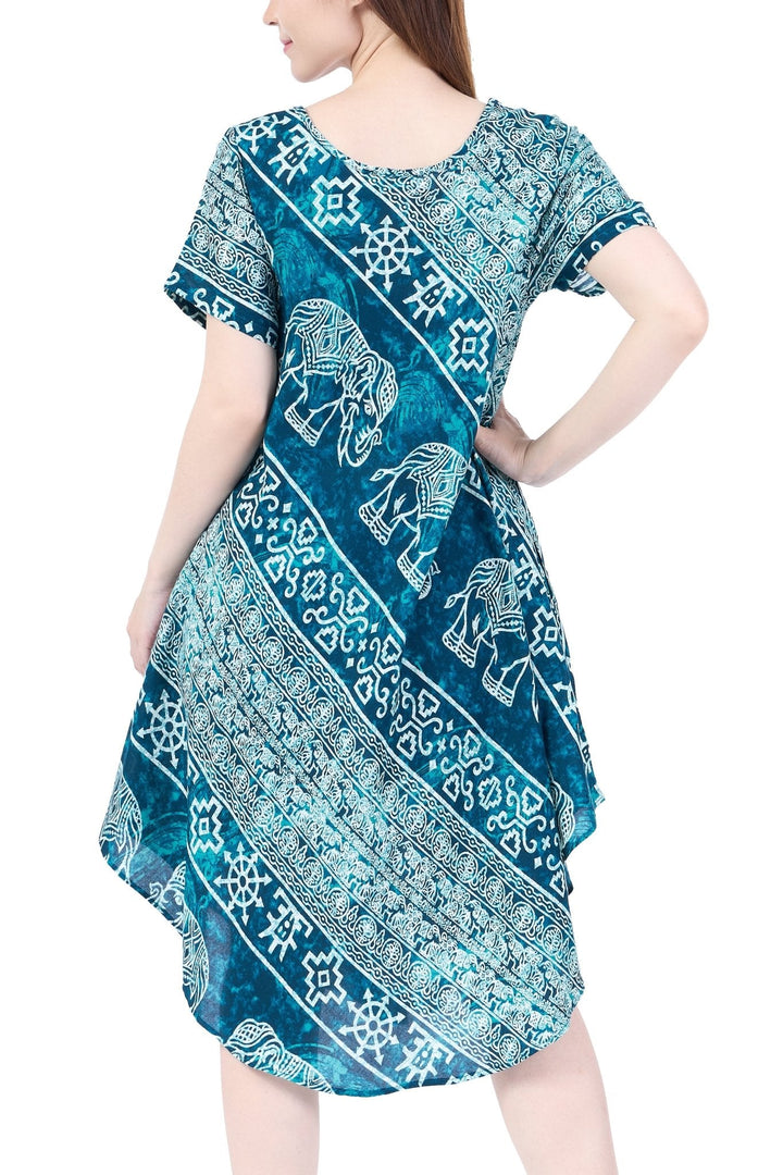 Teal Elephant Fabric Dress with Sleeves and Two Pockets - Lannaclothesdesign Shop