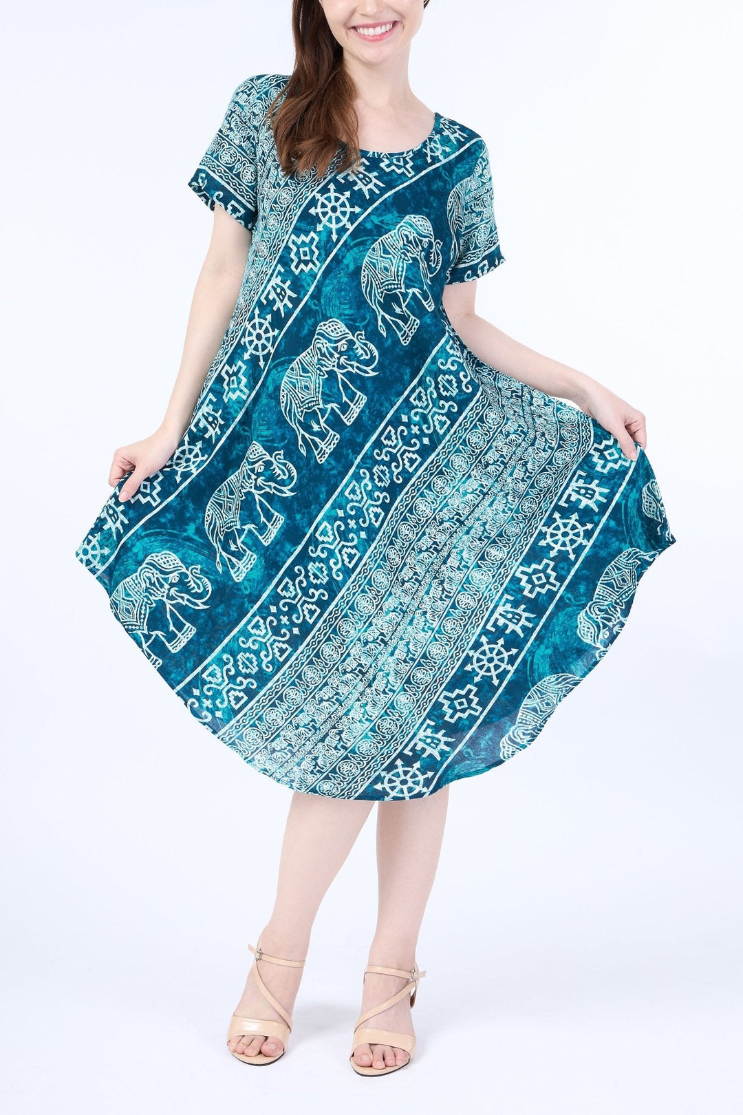 Teal Elephant Fabric Dress with Sleeves and Two Pockets - Lannaclothesdesign Shop