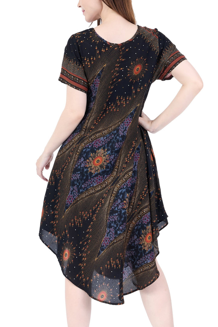 Black Flower Eye Dress with Sleeves and Two Pockets - Lannaclothesdesign Shop