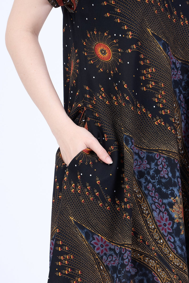 Black Flower Eye Dress with Sleeves and Two Pockets - Lannaclothesdesign Shop