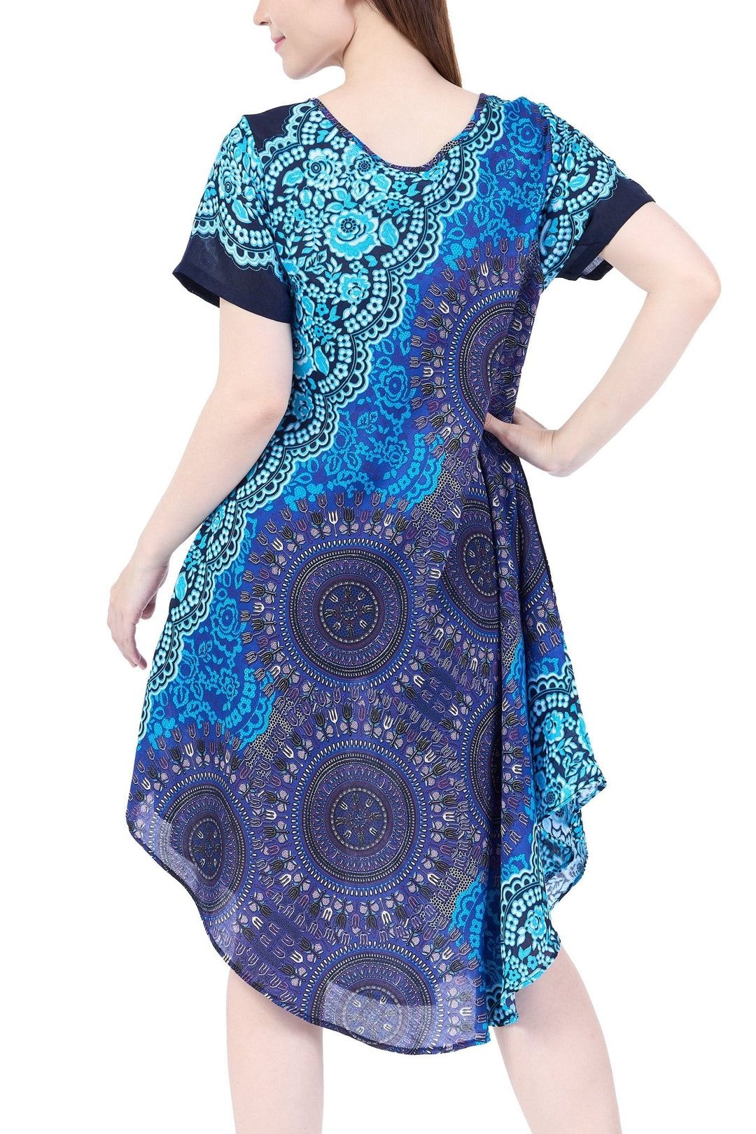 Blue Rose Circle Fabric Dress with Sleeves and Two Pockets - Lannaclothesdesign Shop
