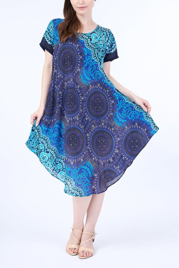 Blue Rose Circle Fabric Dress with Sleeves and Two Pockets - Lannaclothesdesign Shop