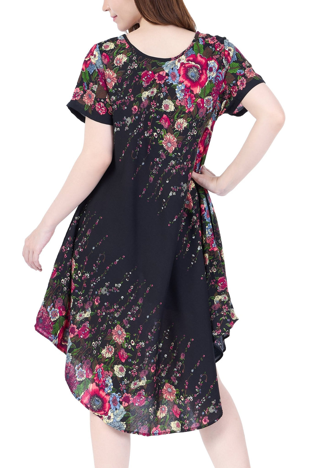 Black Flower fabric Dress with Sleeves and Two Pockets - Lannaclothesdesign Shop