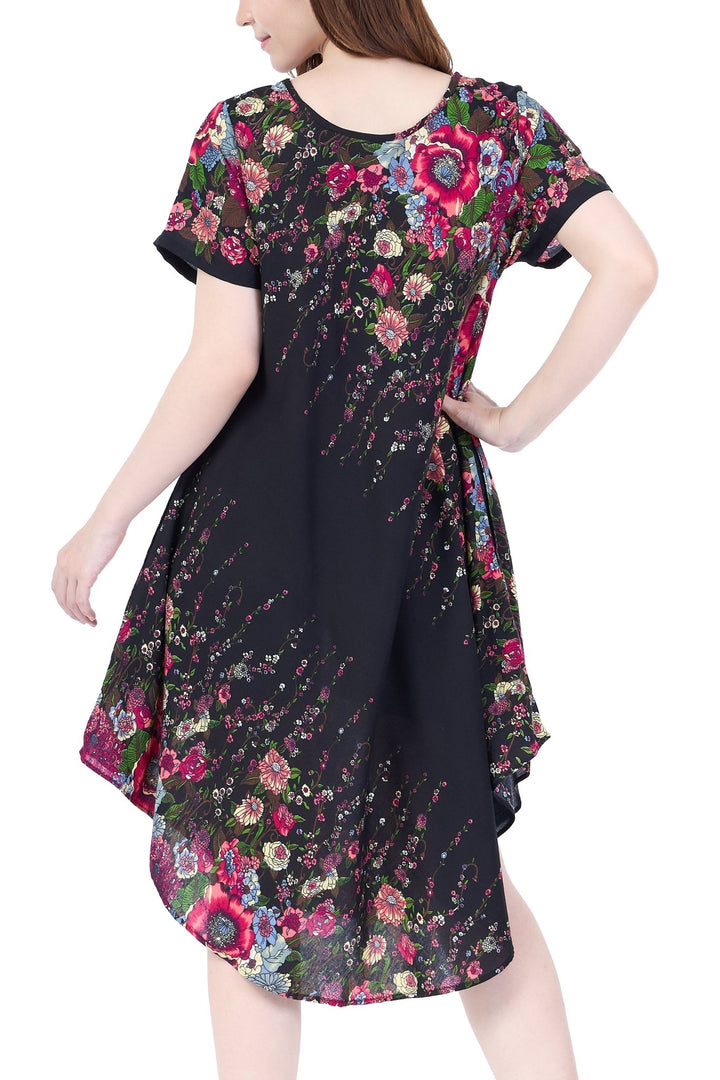 Black Flower fabric Dress with Sleeves and Two Pockets - Lannaclothesdesign Shop