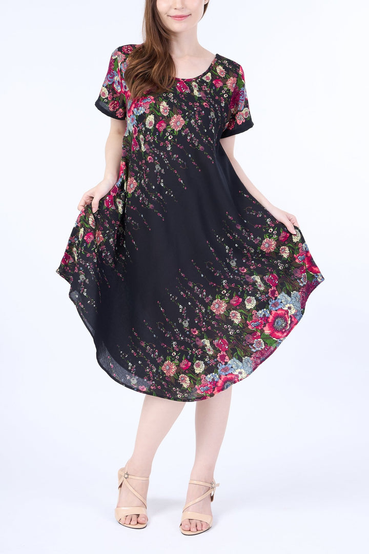 Black Flower fabric Dress with Sleeves and Two Pockets - Lannaclothesdesign Shop