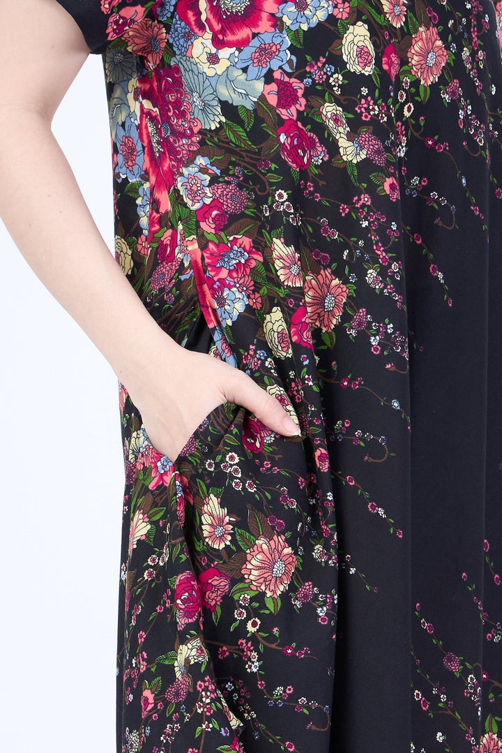 Black Flower fabric Dress with Sleeves and Two Pockets - Lannaclothesdesign Shop