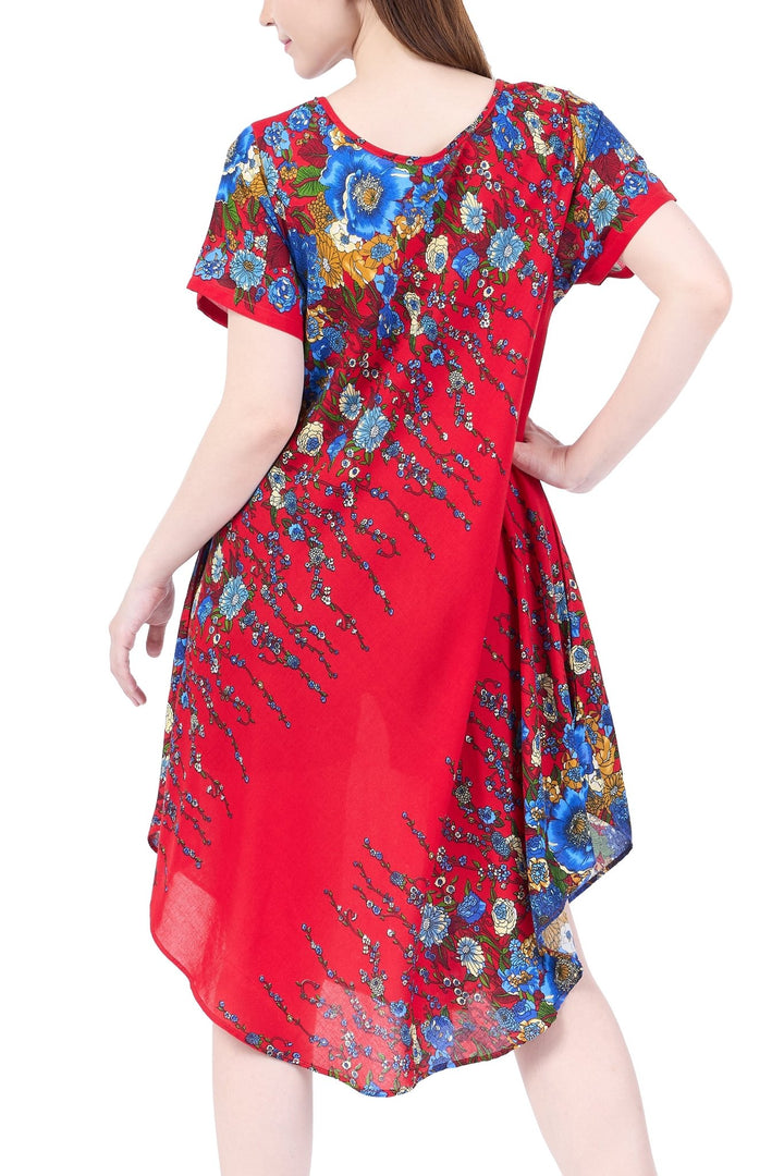 Red Flower fabric Dress with Sleeves and Two Pockets - Lannaclothesdesign Shop