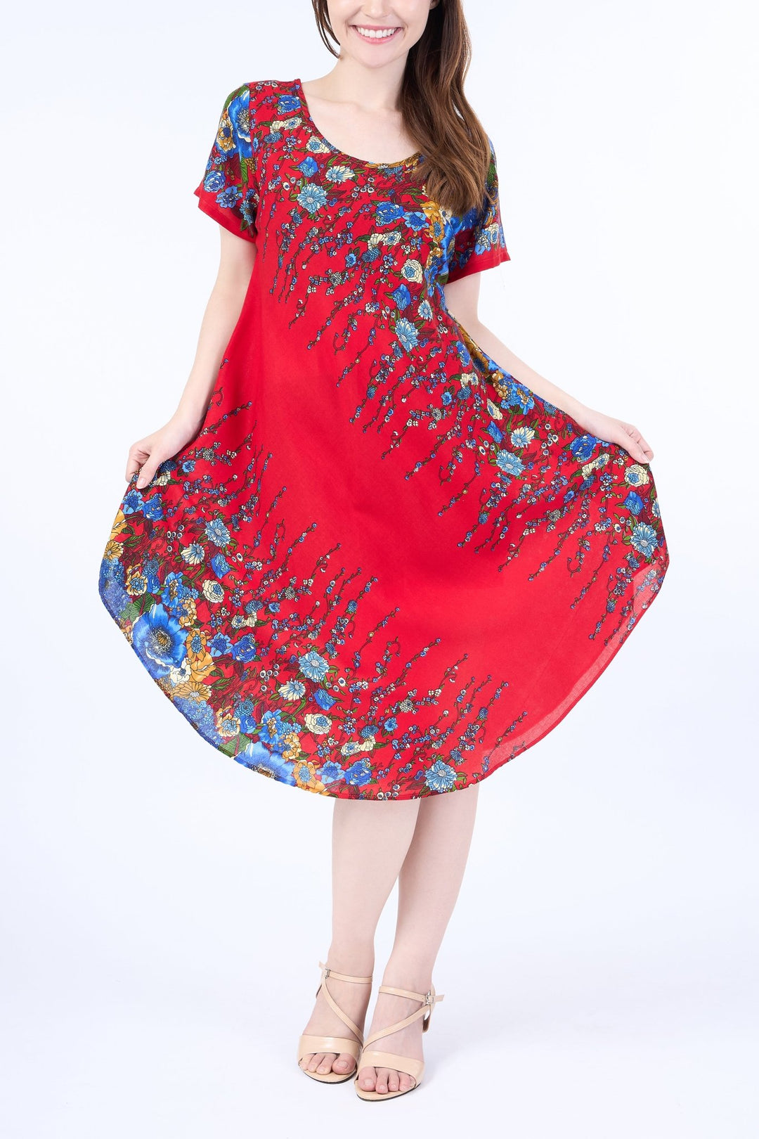 Red Flower fabric Dress with Sleeves and Two Pockets - Lannaclothesdesign Shop