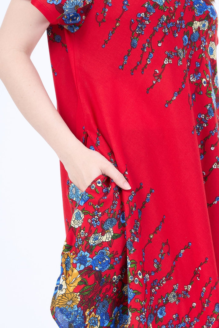 Red Flower fabric Dress with Sleeves and Two Pockets - Lannaclothesdesign Shop