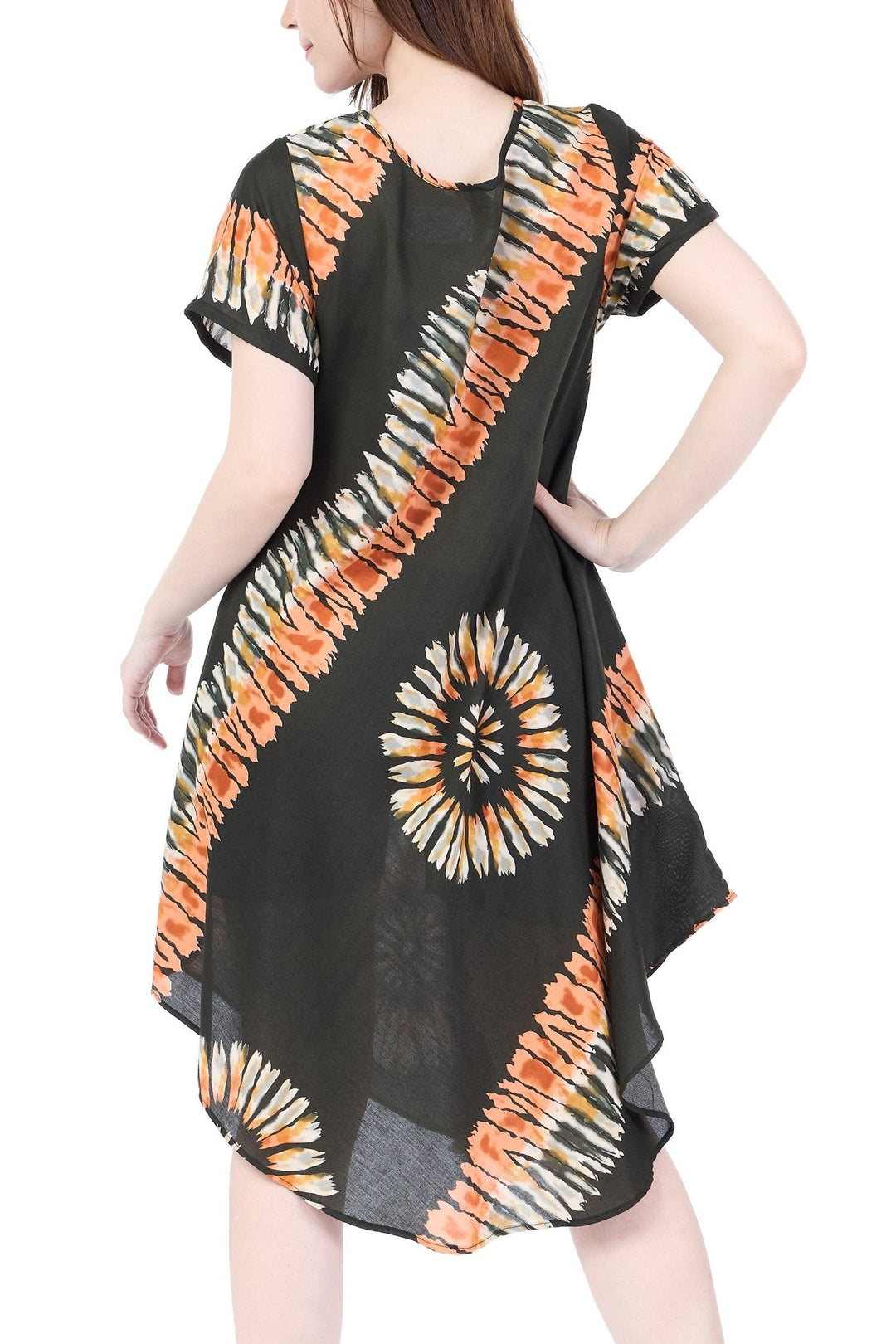 Green Printed Colorful Dress with Sleeves and Two Pockets - Lannaclothesdesign Shop