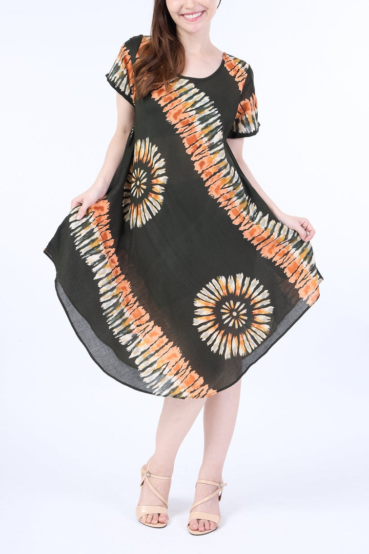 Green Printed Colorful Dress with Sleeves and Two Pockets - Lannaclothesdesign Shop