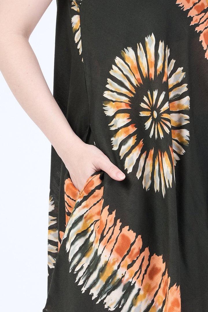 Green Printed Colorful Dress with Sleeves and Two Pockets - Lannaclothesdesign Shop