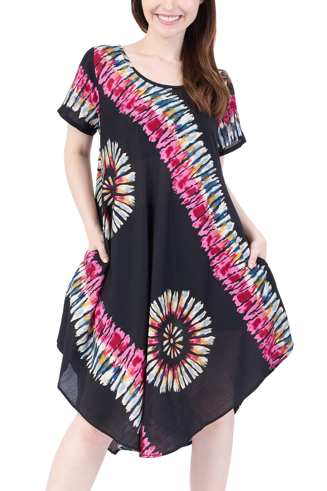 Black Printed Colorful Dress with Sleeves and Two Pockets - Lannaclothesdesign Shop