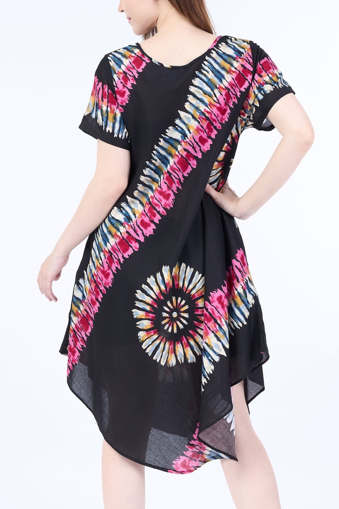 Black Printed Colorful Dress with Sleeves and Two Pockets - Lannaclothesdesign Shop