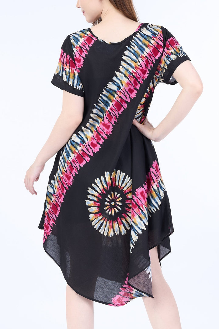 Black Printed Colorful Dress with Sleeves and Two Pockets - Lannaclothesdesign Shop