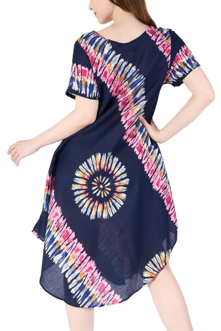Dark Blue Printed Colorful Dress with Sleeves and Two Pockets - Lannaclothesdesign Shop
