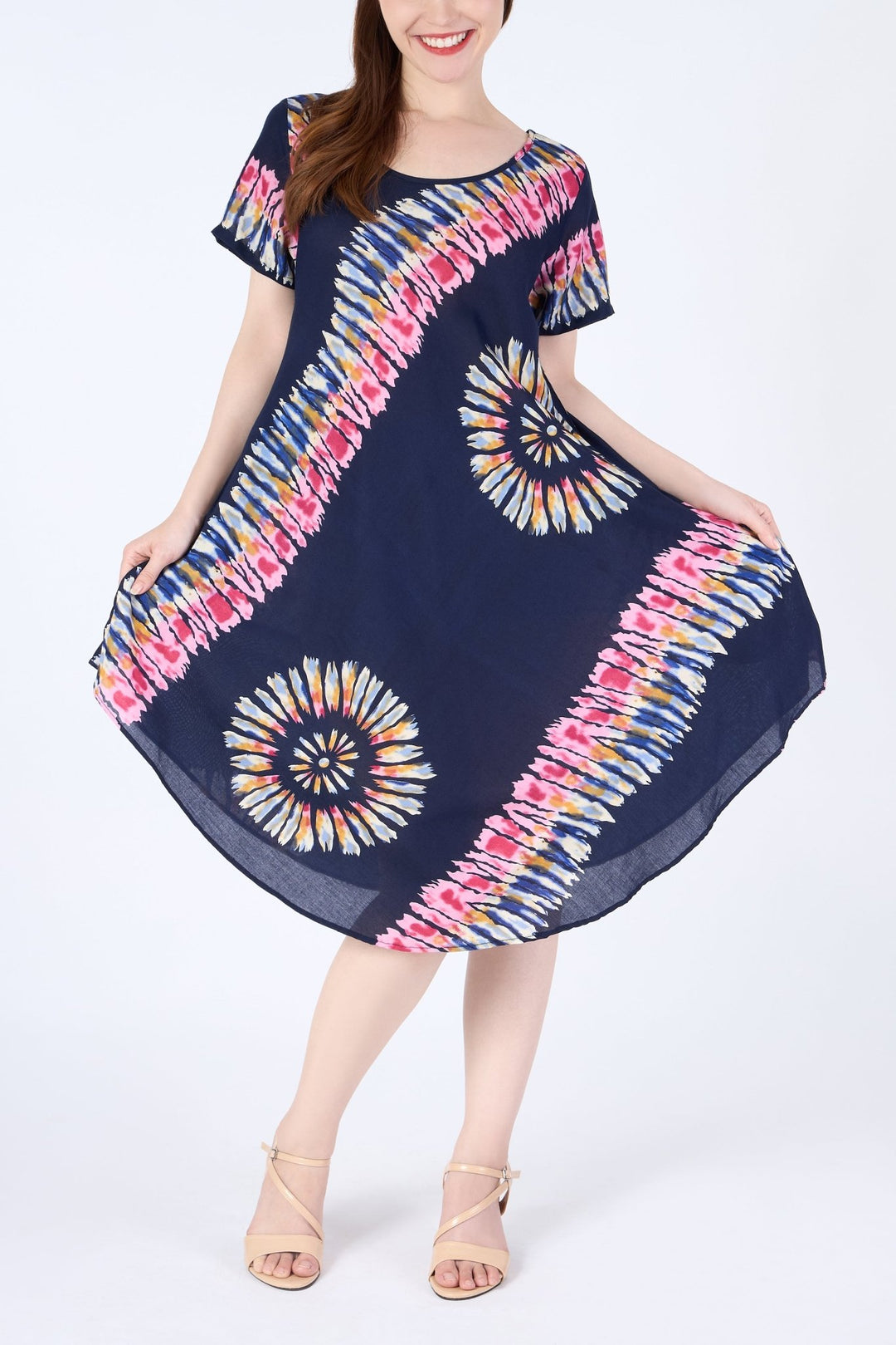 Dark Blue Printed Colorful Dress with Sleeves and Two Pockets - Lannaclothesdesign Shop