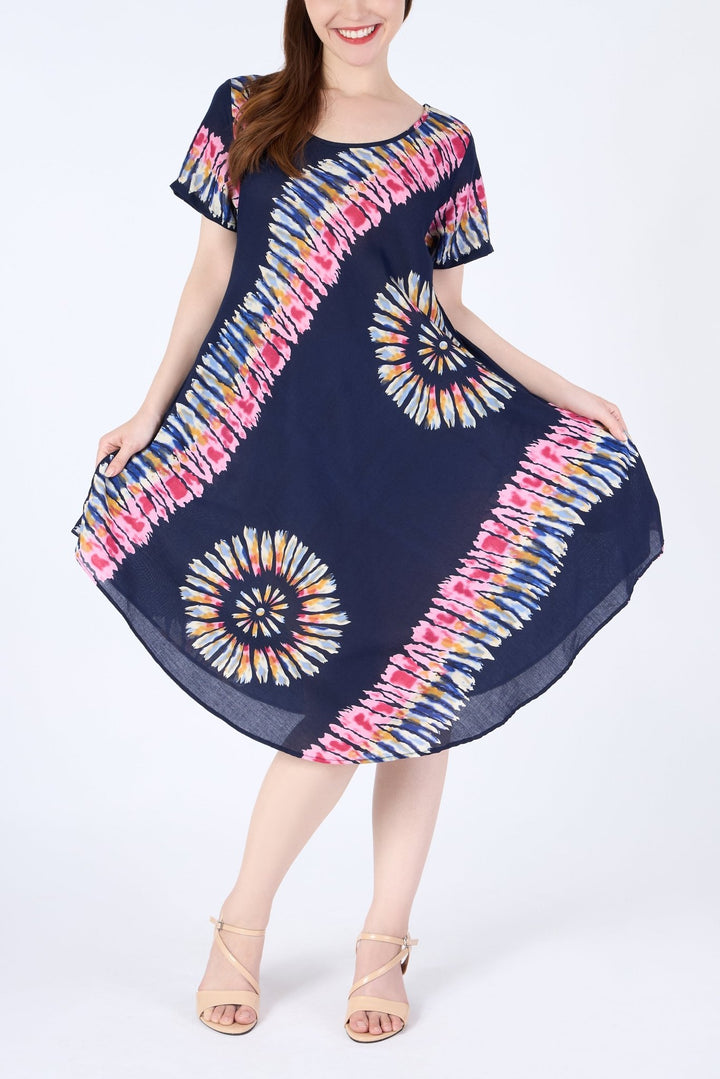 Dark Blue Printed Colorful Dress with Sleeves and Two Pockets - Lannaclothesdesign Shop