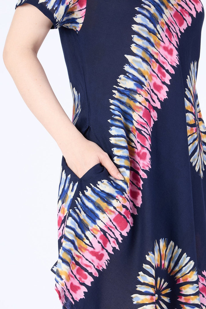 Dark Blue Printed Colorful Dress with Sleeves and Two Pockets - Lannaclothesdesign Shop