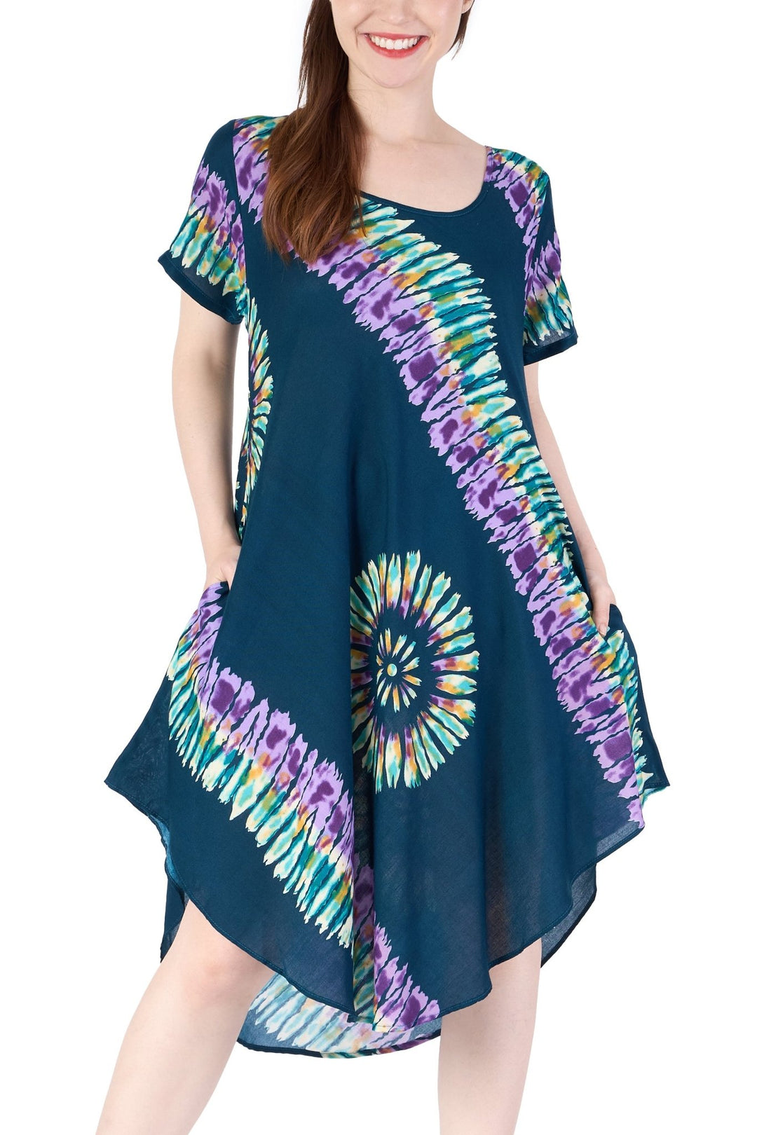 Teal Printed Colorful Dress with Sleeves and Two Pockets - Lannaclothesdesign Shop