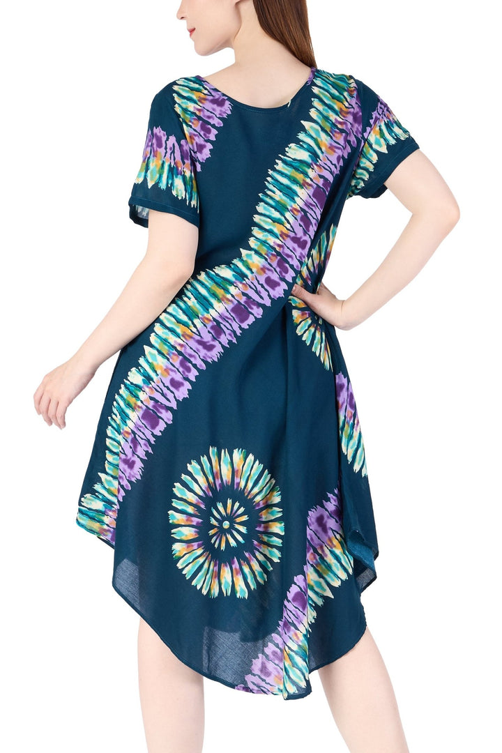 Teal Printed Colorful Dress with Sleeves and Two Pockets - Lannaclothesdesign Shop