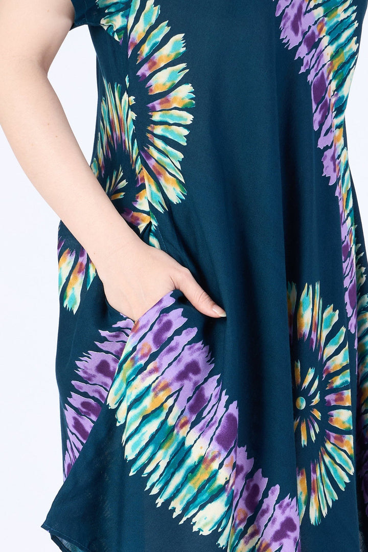 Teal Printed Colorful Dress with Sleeves and Two Pockets - Lannaclothesdesign Shop